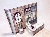 【ねんどろいど・ミニフィギュア用に】「ポップアップカード式背景シート カフェ＆バー」100円ショップで発売中の画像